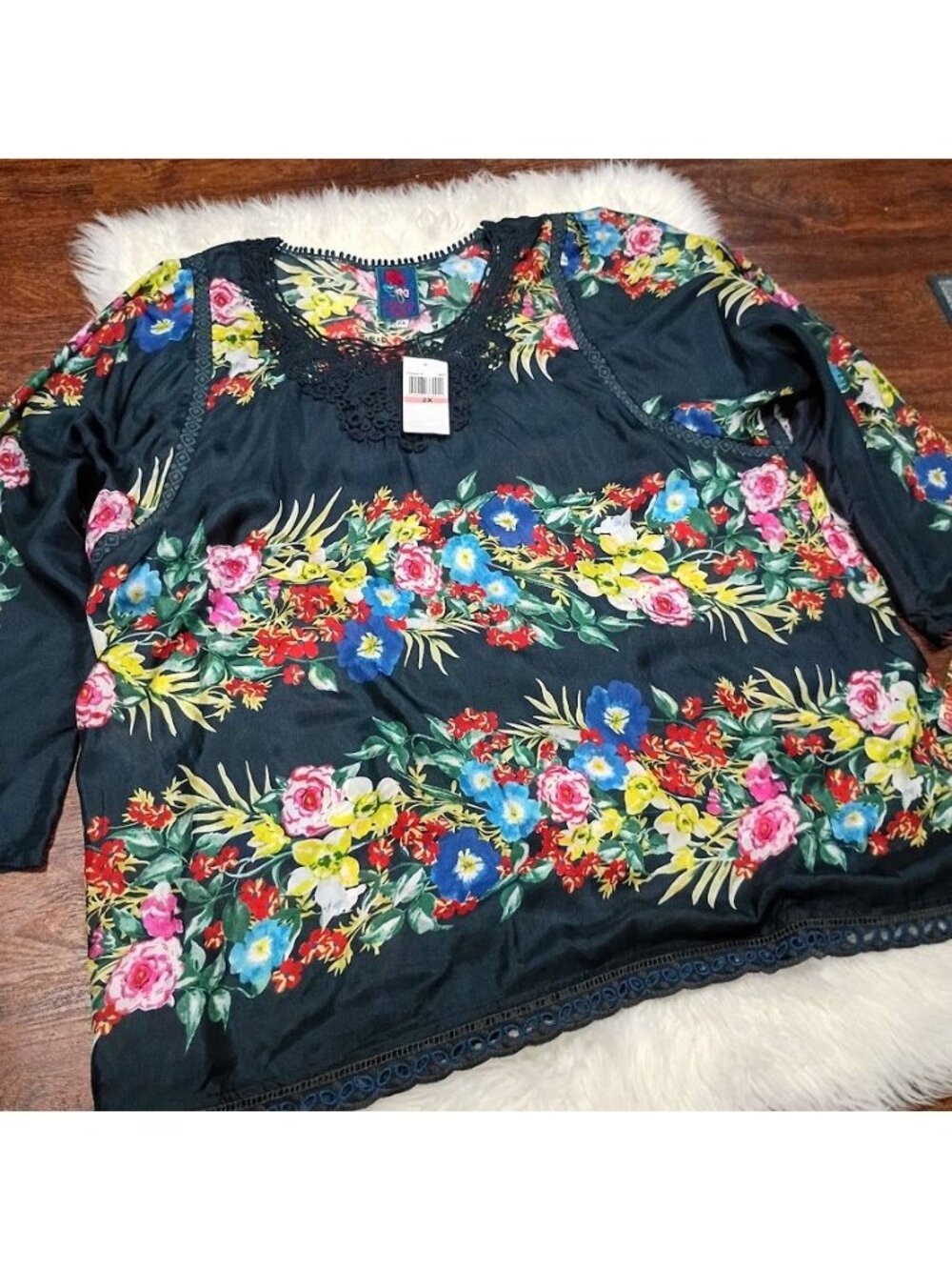 Johnny Was Women Blue Tunic Silk Floral Top Sz 2X - Picture 12 of 16